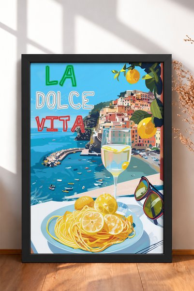 HOMEPACK La Dolce Vita Lemon Spaghetti and Wine Framed Painting, Italy Poster...