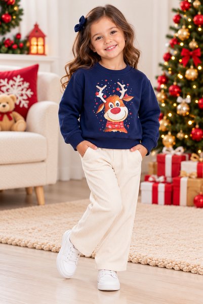 Büşra Bebe Girls' Sweatshirt with a Christmas Reindeer Print.