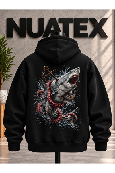 NUATEX سويت شيرت SIRT SHARK مطبوع بثلاثة خيوط، بقصة عادية، مع غطاء للرأس وجيو...
