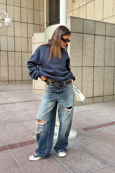 Flaw Wear Fw Cool Puff Boxy Fit Navy Blue Sweatshirt