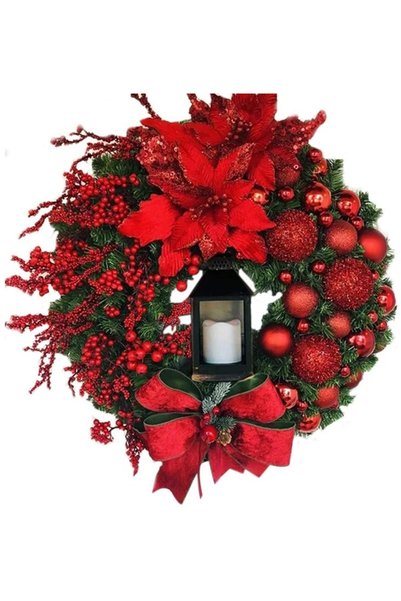 Noonedibs Coroana de Craciun cu flori artificiale rosii, 43 cm, pentru semine...