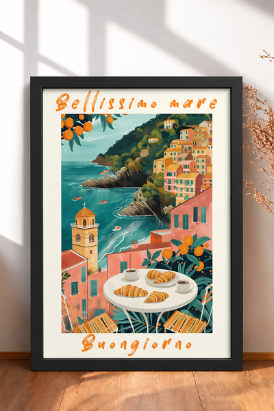 HOMEPACK Bellissimo Mare Scenic Breakfast Framed Painting Italy Poster Living...