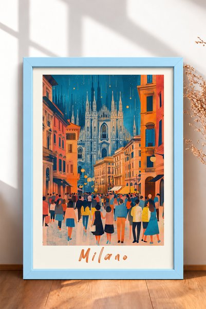 HOMEPACK Slika u okviru sa katedralom u Milanu, Zvezdana noć, Italija, poster...