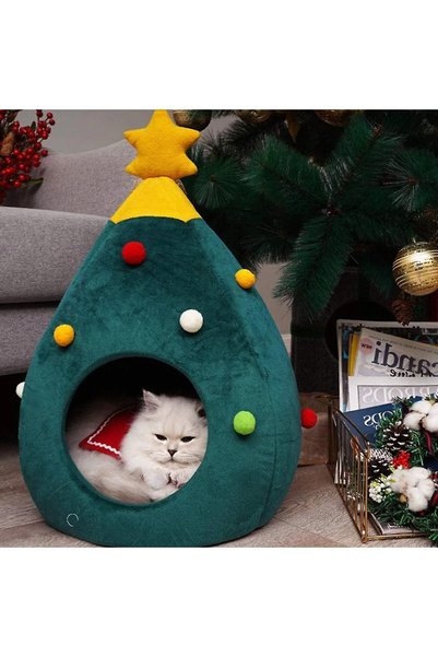 Noonedibs Crăciun pat pentru pisici peșteră cuib casă pisică Igloo Crăciun pi...