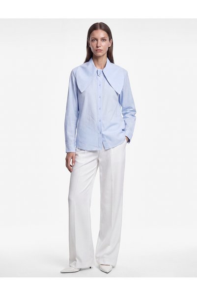 Koton Women Blue Plain Collared Long Sleeves Shirt
