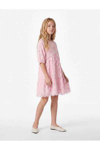 Koton Girls Pink Floral Round Neck Short Sleeves Dress