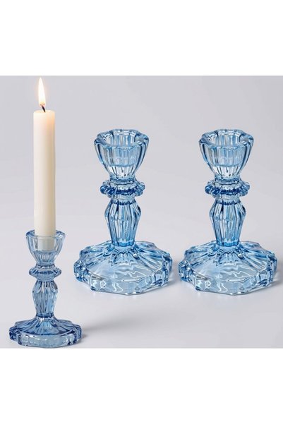 Generic Set of 2 Blue Taper Candle Holders for Table Centerpiece, Gold Tall C...