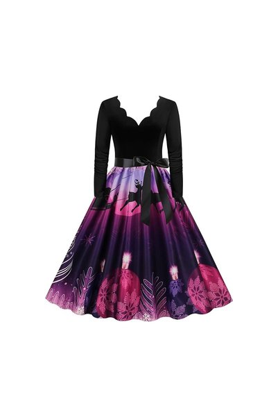 Noonedibs Rochie vintage pentru femei cu mânecă lungă și decolteu în V, stil ...