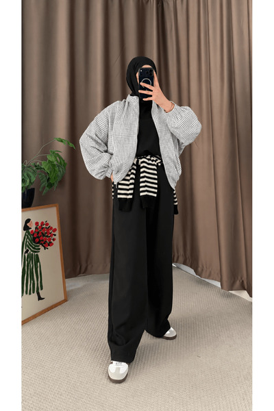 Hepsi Moda Square Pattern Bomber Jacket - 929 - White
