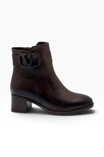 C shoes C-Shoes SL1105-27 Cilt Deri V Tokalı Kalın Topuklu Kadın Bot(5cm)