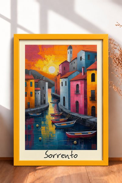 HOMEPACK لوحات مرسومة بإطار لمنزل سورينتو ذو الواجهة الوردية والزرقاء، ملصق إ...