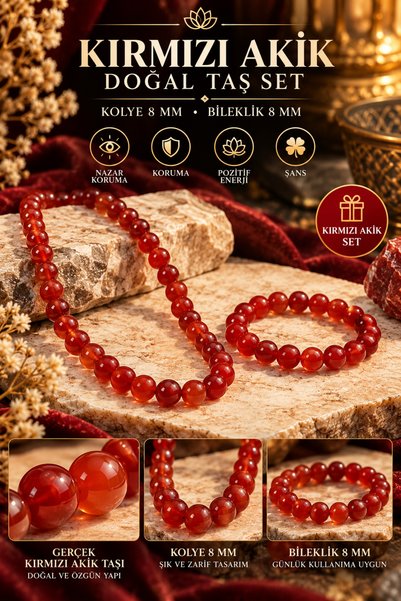 NBS Beautiful Naturel Stones Red Agate Natural Stone Bracelet and Necklace Se...