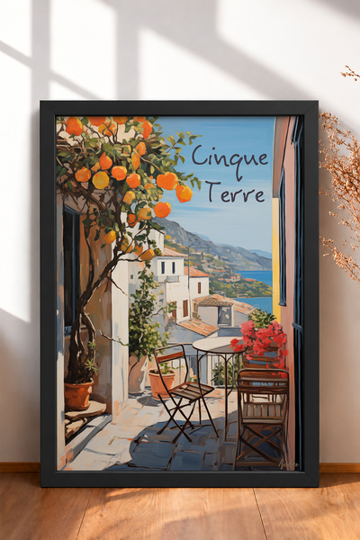 HOMEPACK Five Terre Terrace with Orange Tree Framed Painting, Italy Poster, W...