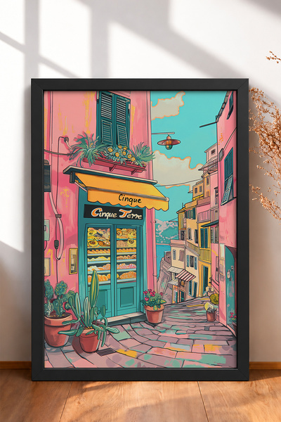 HOMEPACK Cinque Terre Pastanesi and Stone Street Framed Painting, Italy Poste...