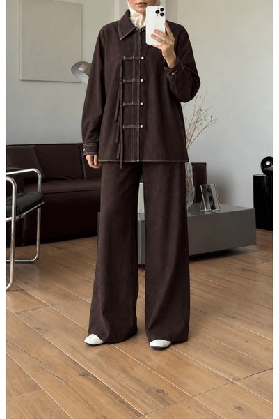 Hepsi Moda Brit Button-Down Denim Suit with Trousers - 4554 - Dark Brown