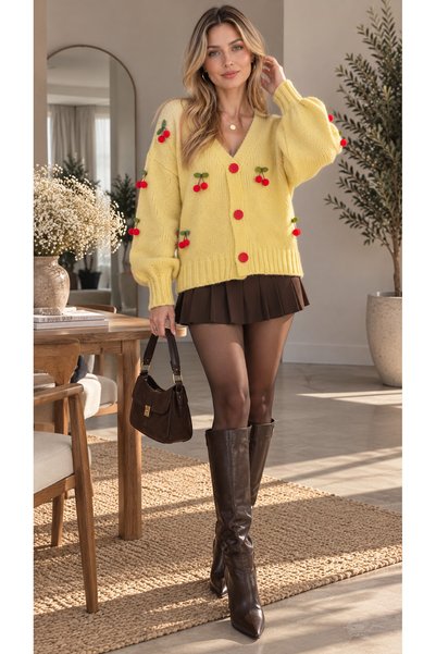 WISH&MOON Women's Yellow Cherry-Printed V-Neck Button-Down Knit Cardigan.