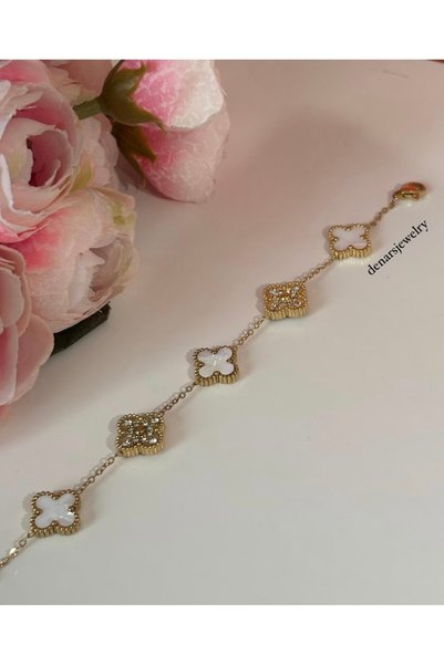 ANGELSS JEWELLERY Steel Gold Clover Bracelet with Stones, Zircon Stone Clover...