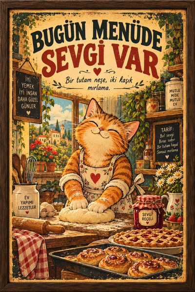 OAKY Life Bugün Menüde Sevgi Var Kedi Tasarımlı Çerçeve Görünümlü UV Baskılı ...