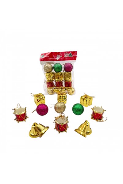 BBYTOYS 11-Piece Christmas Tree Ornament Set – Colorful Glittery Balls, Gold Gift Box, and Christmas Tree Ornaments Featuring Drum and Bell Figures