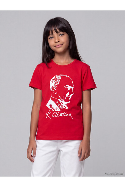 LC Waikiki تي شيرت LCW Kids باللون الأحمر مطبوع عليه أتاتورك للفتيات من NEVAVM