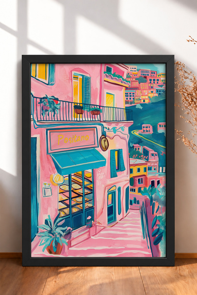 HOMEPACK Positano Pink Shop with Signboard, Framed Poster, Italy Poster, Livi...