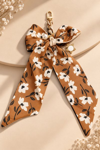 MİLANO BEAUTYS Floral Patterned Bow Bag Scarf – with Pearl and Star Details, ...