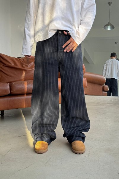 Flaw Wear Raw Series Striped Navy Blue Baggy Jeans