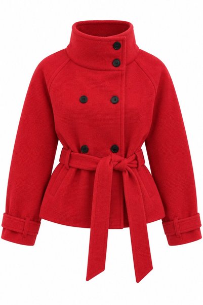 Laluvia Red Textured Cashmere Jacket with Stand-Up Collar and Belt - 509438