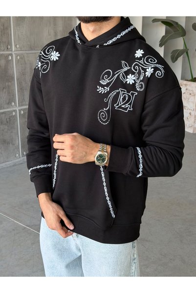 FO4RBS Floral Printed Oversized Hoodie T-Shirt, Black.