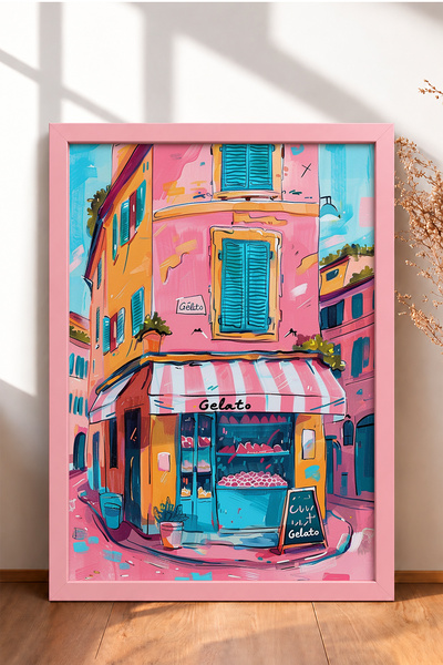 HOMEPACK Πίνακας με κορνίζα «Gelato» – Ροζ παγωτατζίδικο – Αφίσα από την Ιταλ...