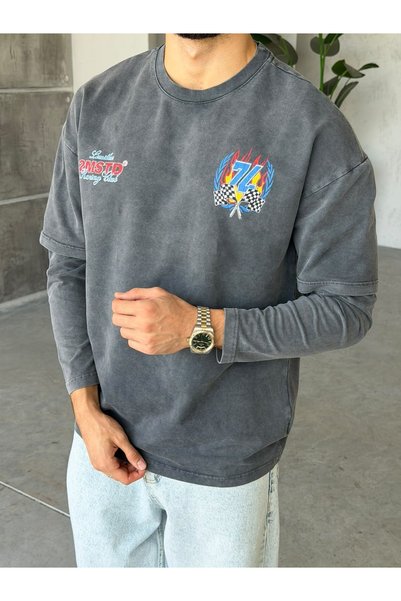 FO4RBS Racing Printed Washed Double Sleeve Oversized Sweat T-Shirt, Black.