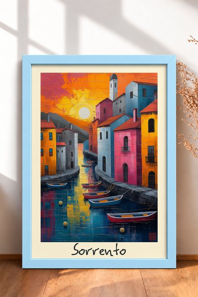 HOMEPACK Sorrento Pink i Plave Kuće sa Fasadama u Okviru Postera, Italija Pos...