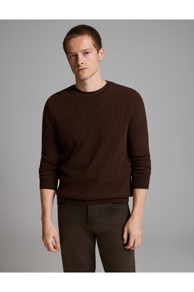 Pierre Cardin Dark Brown Wool-Kashmir Blend Crew Neck Knit Sweater 50330171-V...