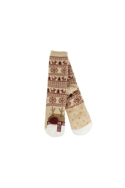 Jumbo Sosete de Iarna Bej Bordo Zacquard Ren Anti-slip pentru Femei (36-42)