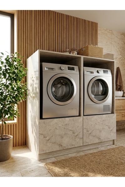 ORENMO M8504-8 Traverten İkili Çamaşır ve Kurutma Makinesi Dolabı Alt Depolam...