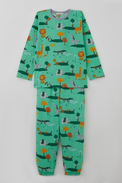 Breeze Boys' Pajama Set, Safari Theme, Cute Animal Pattern, Ages 4-8, Green.