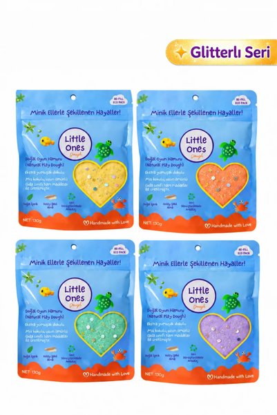 Little Ones Dough Doğal Oyun Hamuru - 4’lü Pastel Tonlarda Glitterlı Simli Do...
