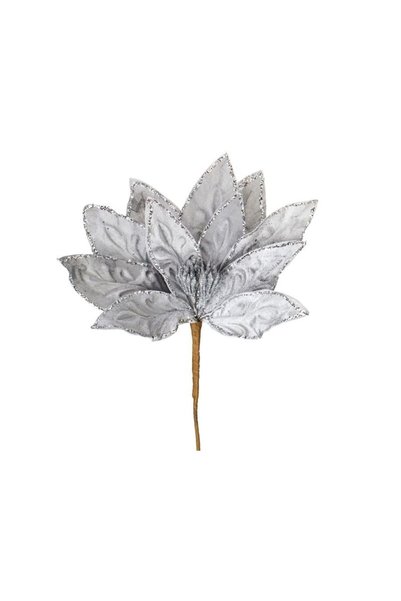 Jumbo Floare Decorativa de Craciun Gri Catifelata cu Glitter Argintiu 32cm