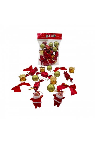 BBYTOYS 18-Piece Christmas Tree Ornament Set – Featuring a Santa Claus Figure with a Red Bow Detail, Gold-Glittered Balls, Drums, and Candy Ornaments