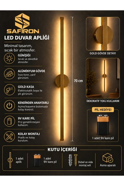 SAFİRON Pilli Duvar Aplik 70 cm Eskitme Gold Günışığı LED Kablosuz Dekoratif ...
