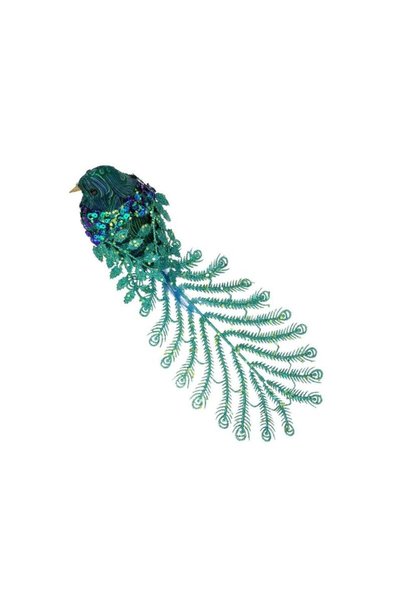 Jumbo Pasare Decorativa de Craciun cu Clip Coada Lunga & Glitter Verde 35x7x9cm