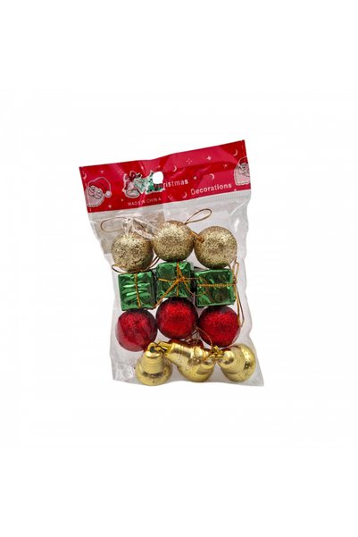 BBYTOYS 11-Piece Christmas Tree Ornament Set – Red and Glittery Ball, Gift Box, and Bell-Shaped Decorative Christmas Tree Ornaments