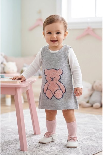 Minora Baby Girl Knit Dress with Bear Pattern (Dress Sold Separately).