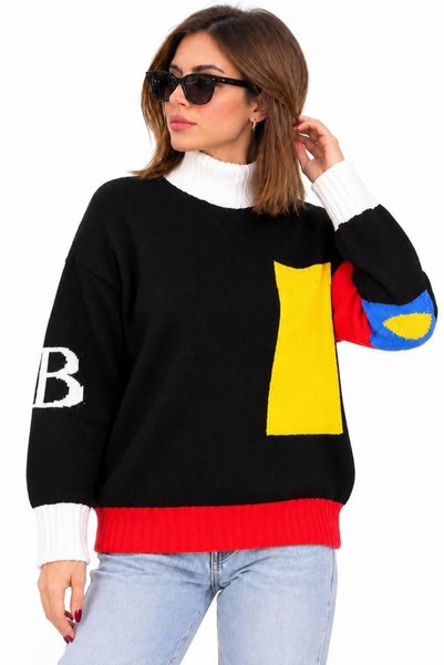 Benedetto New Season Women's Turtleneck Color Block Knit Sweater with Pocket ...