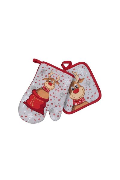 Jumbo Set Manusa Servet de Bucatarie de Craciun Rosu Gri Cerb Sac - 2buc