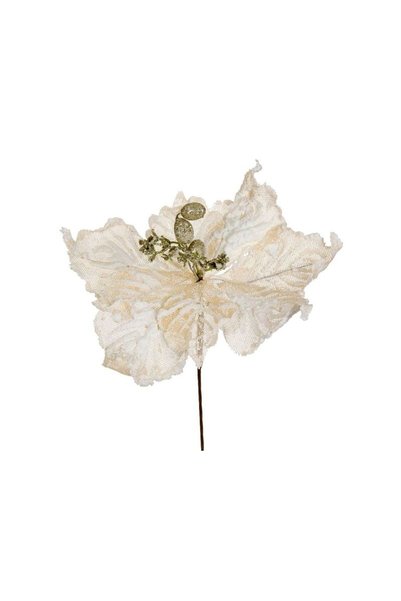 Jumbo Floare Decorativa de Craciun Reliefata Crem Alba cu Glitter & Clips