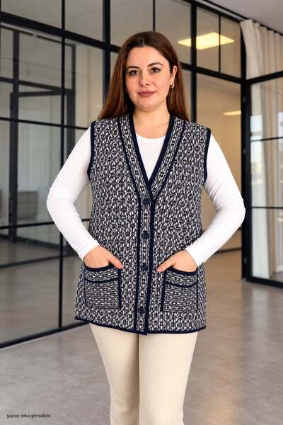 ModaPlaza Women's Plus Size Knit Vest with Kilim Pattern and Button Detail.