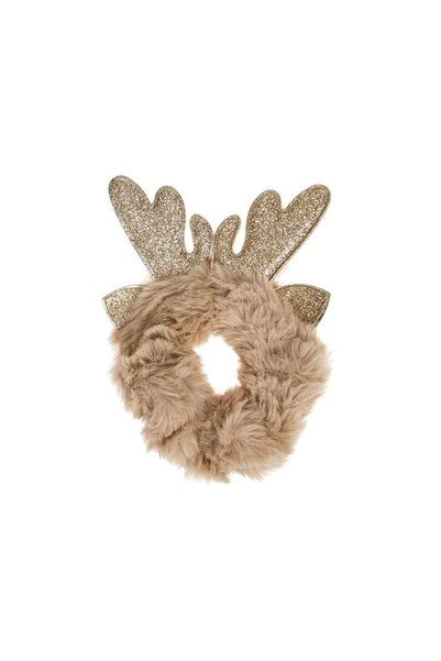 Jumbo Elastic Par din Blana Artificiala Bej cu Cerb 3D Glitter de Craciun