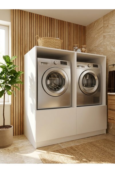 ORENMO M8504-1 Beyaz İkili Çamaşır ve Kurutma Makinesi Dolabı Alt Depolama Ün...