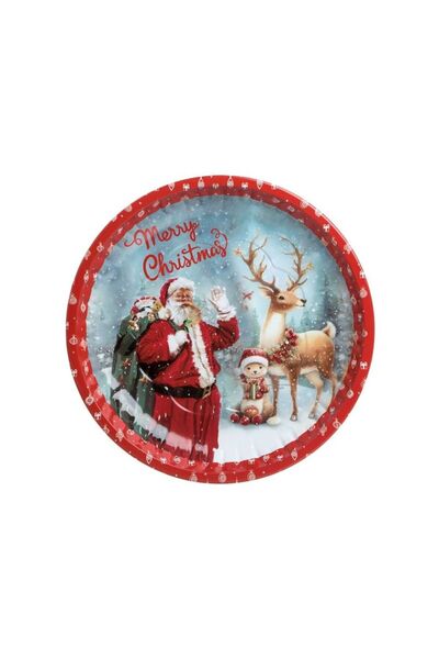 Jumbo Farfurie Metalica Decorativa de Craciun Rosie cu Model Mos Craciun & Re...